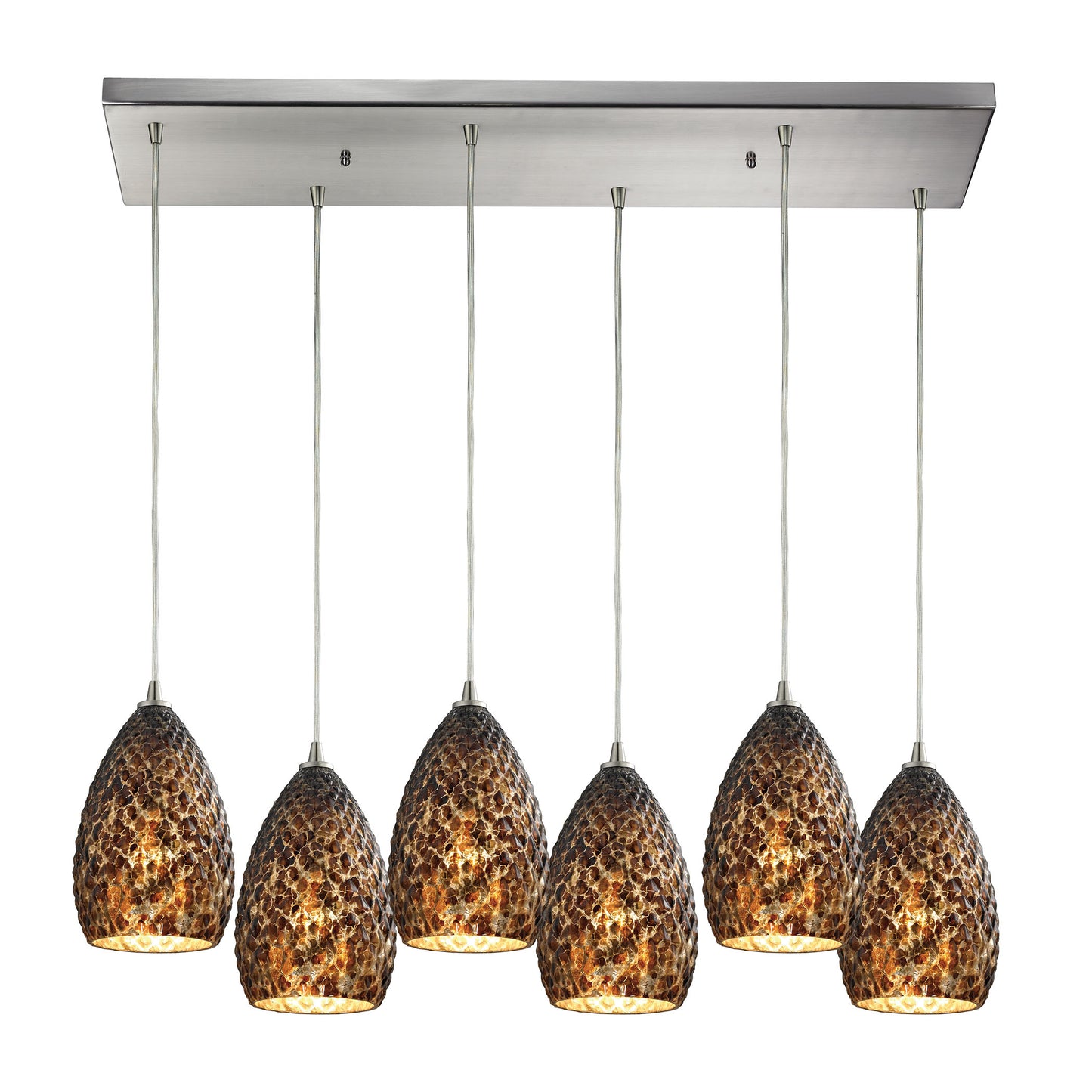Geval 9'' Wide 6-Light Rectangular Pendant - Satin Nickel with Burnt Caramel Glass