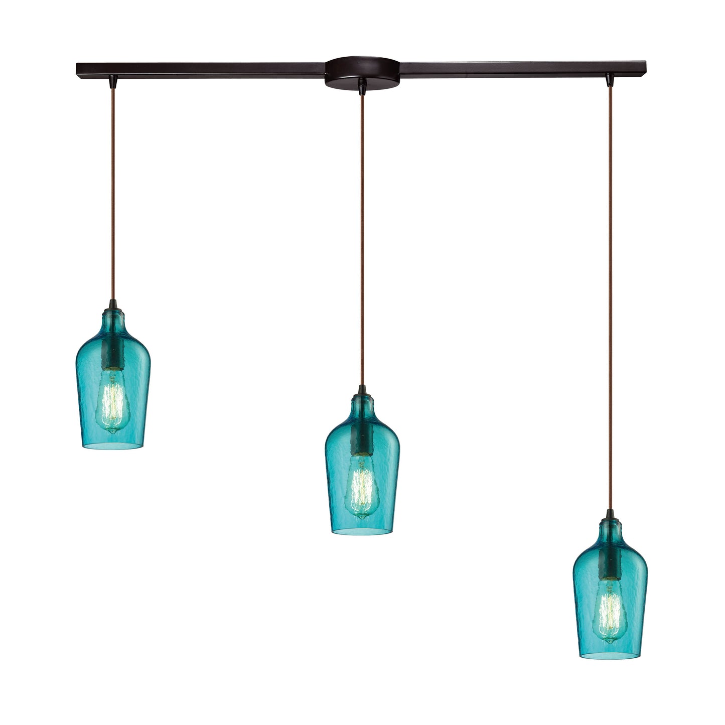 Hammered Glass 36'' Wide 3-Light Slim Linear Pendant - Oil Rubbed Bronze with Aqua