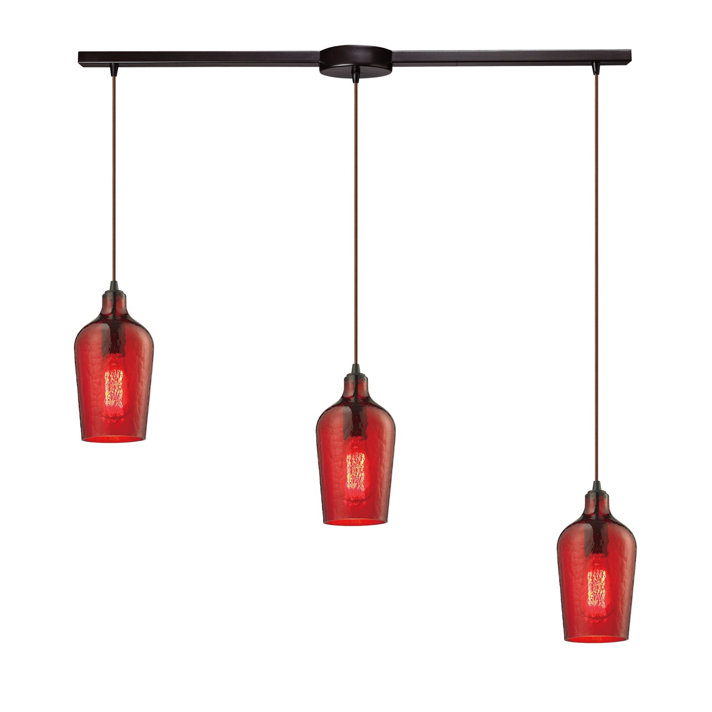 Hammered Glass 36'' Wide 3-Light Slim Linear Pendant - Oil Rubbed Bronze with Red