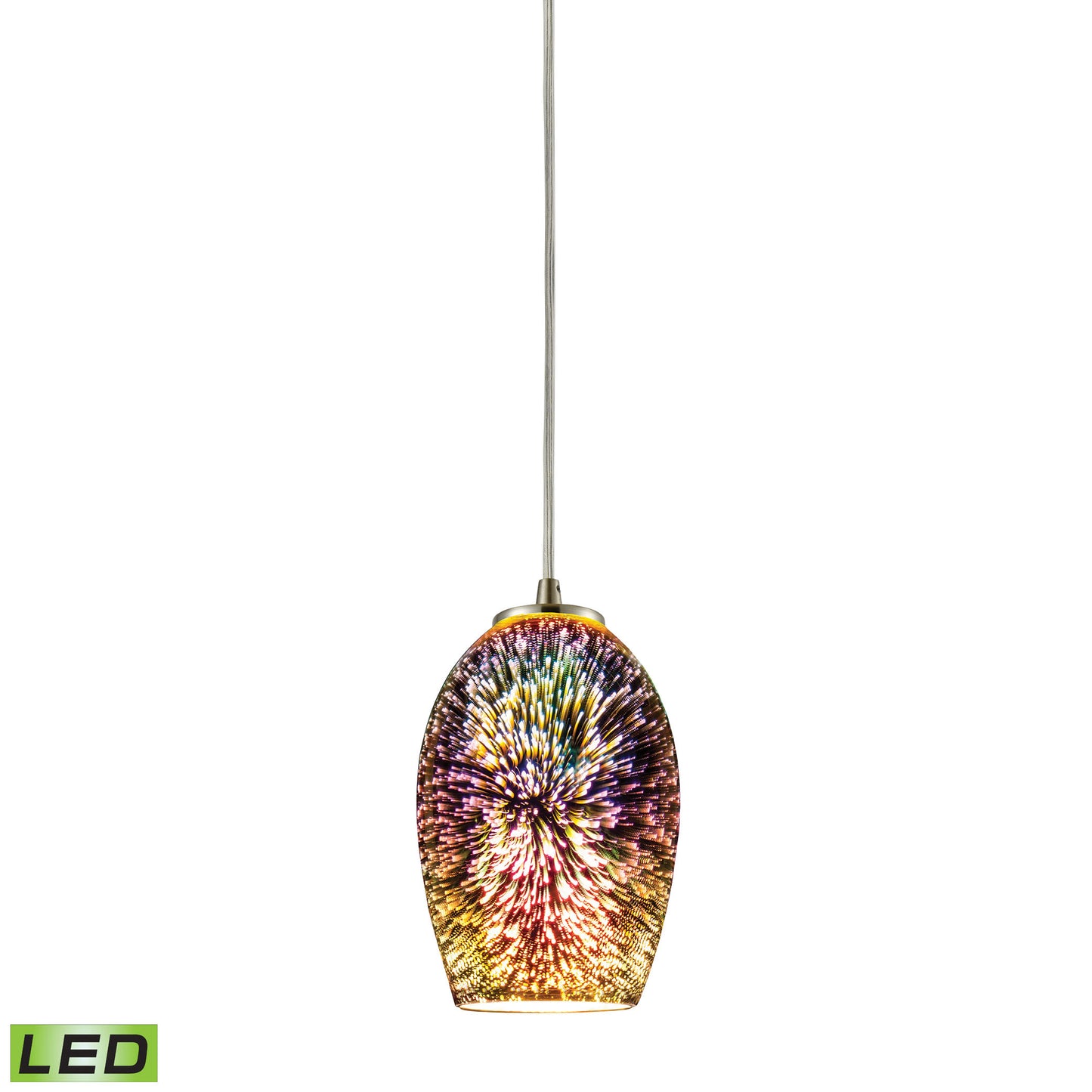 Illusions 5'' Wide 1-Light Pendant - Satin Nickel with Multicolor Fireworks Glass - Includes LED Bulb