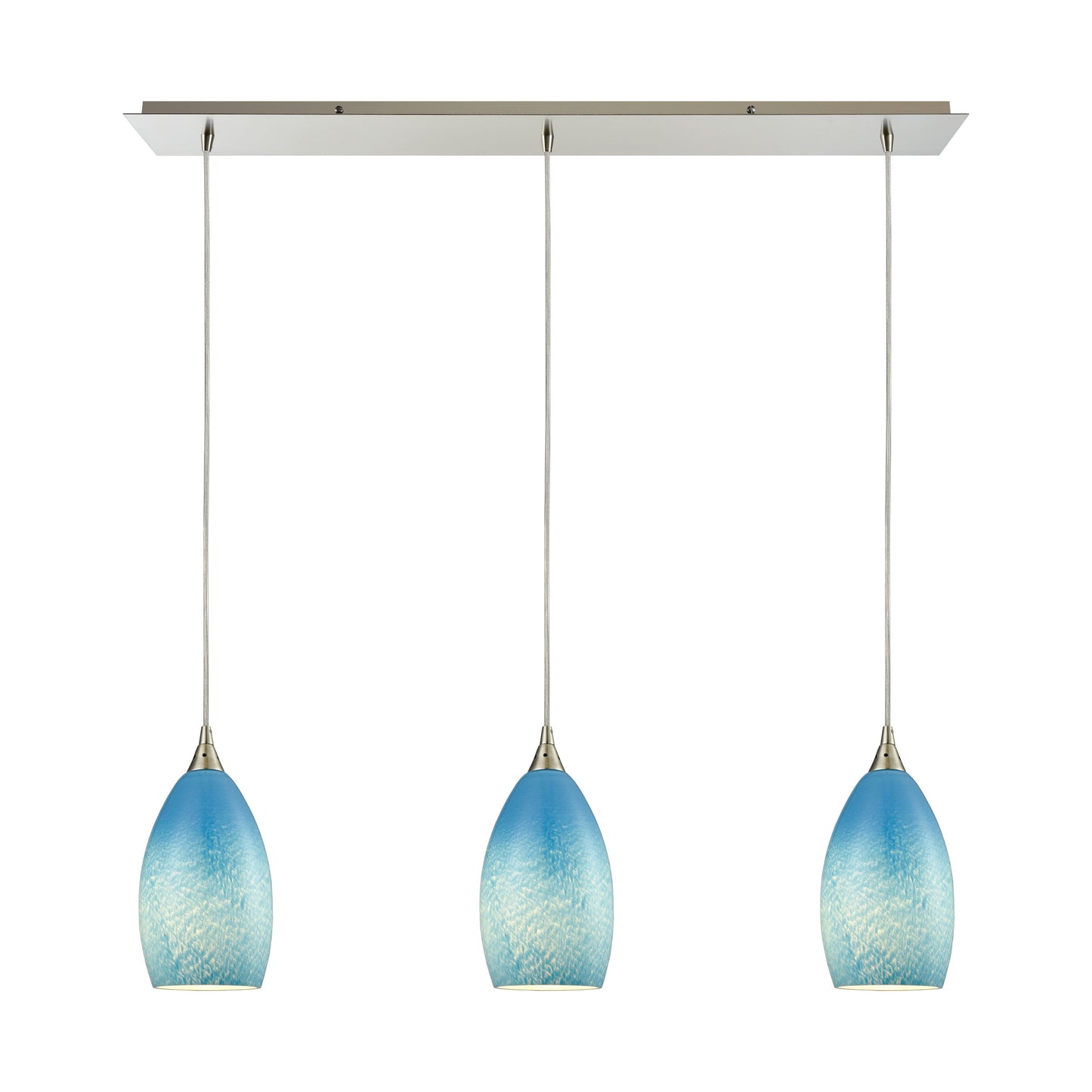 Earth 36'' Wide 3-Light Linear Pendant - Satin Nickel with Sky Blue Glass