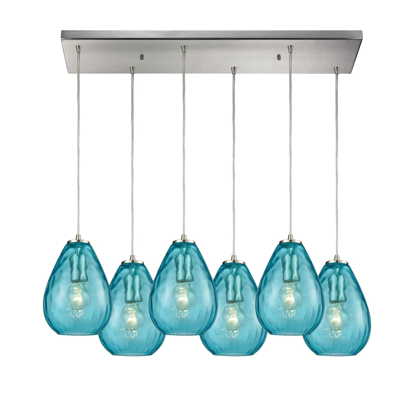 Lagoon 30'' Wide 6-Light Rectangular Pendant - Satin Nickel with Aqua