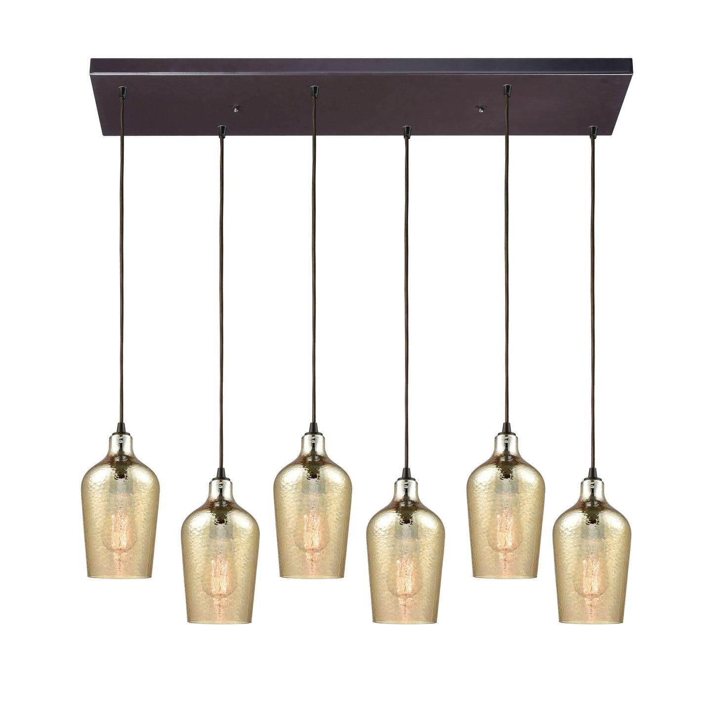 Hammered Glass 30'' Wide 6-Light Rectangular Pendant - Oil Rubbed Bronze with Amber
