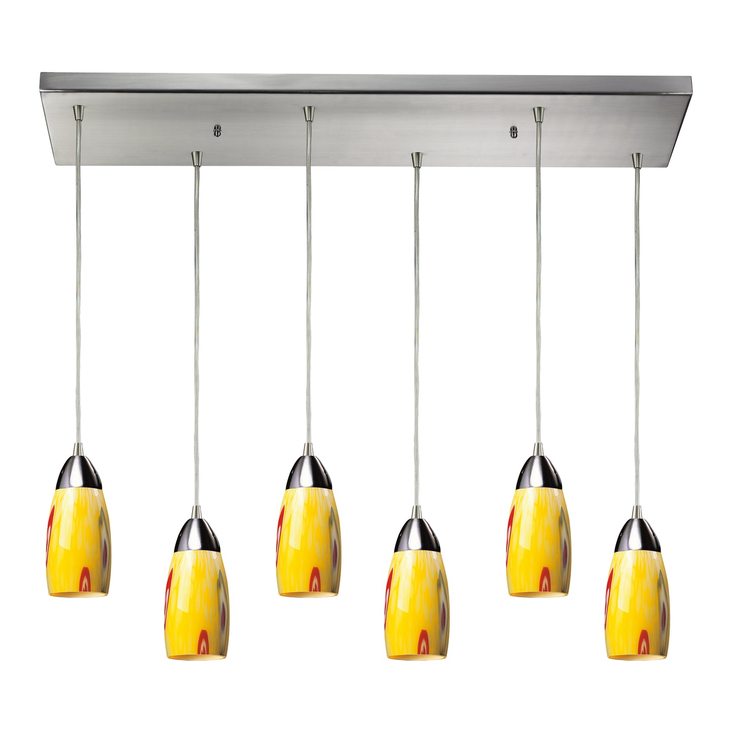 Milan 30'' Wide 6-Light Pendant - Satin Nickel with Yellow Blaze Glass