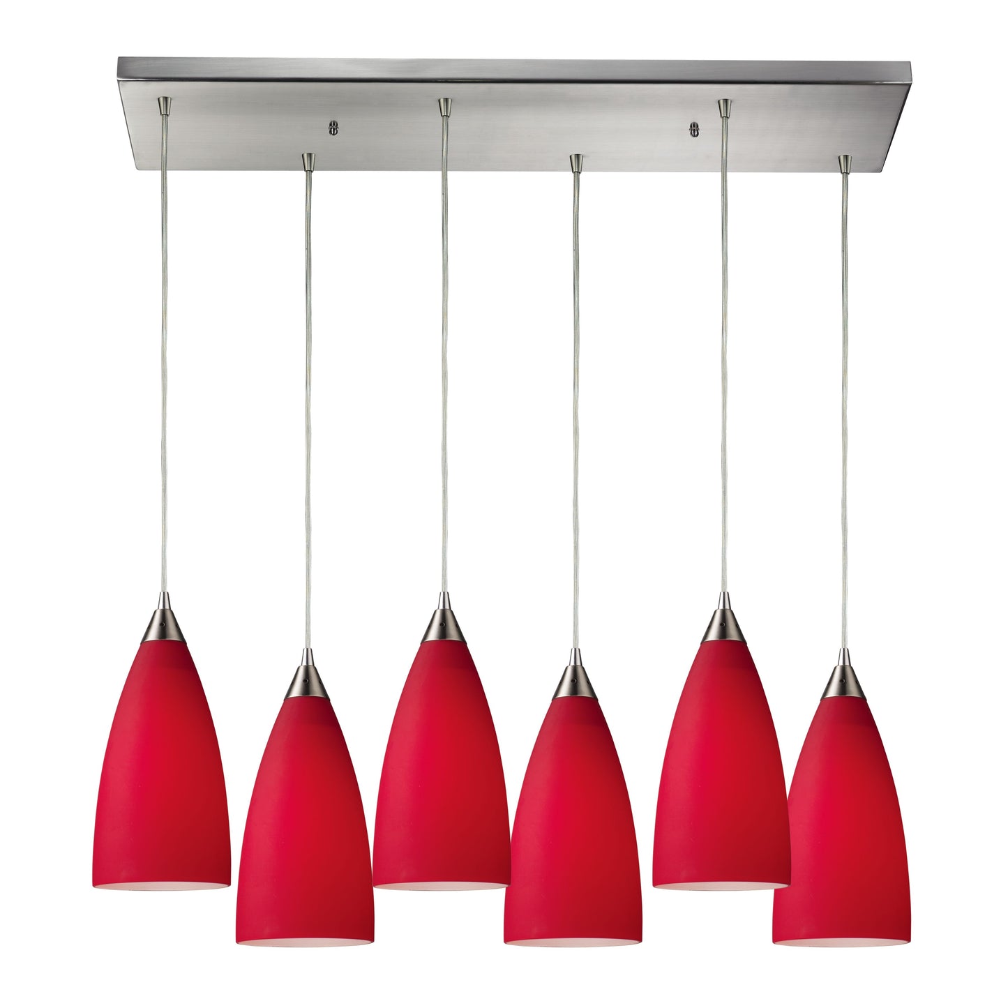 Vesta 30'' Wide 6-Light Rectangular Pendant - Satin Nickel with Cardinal Red Glass