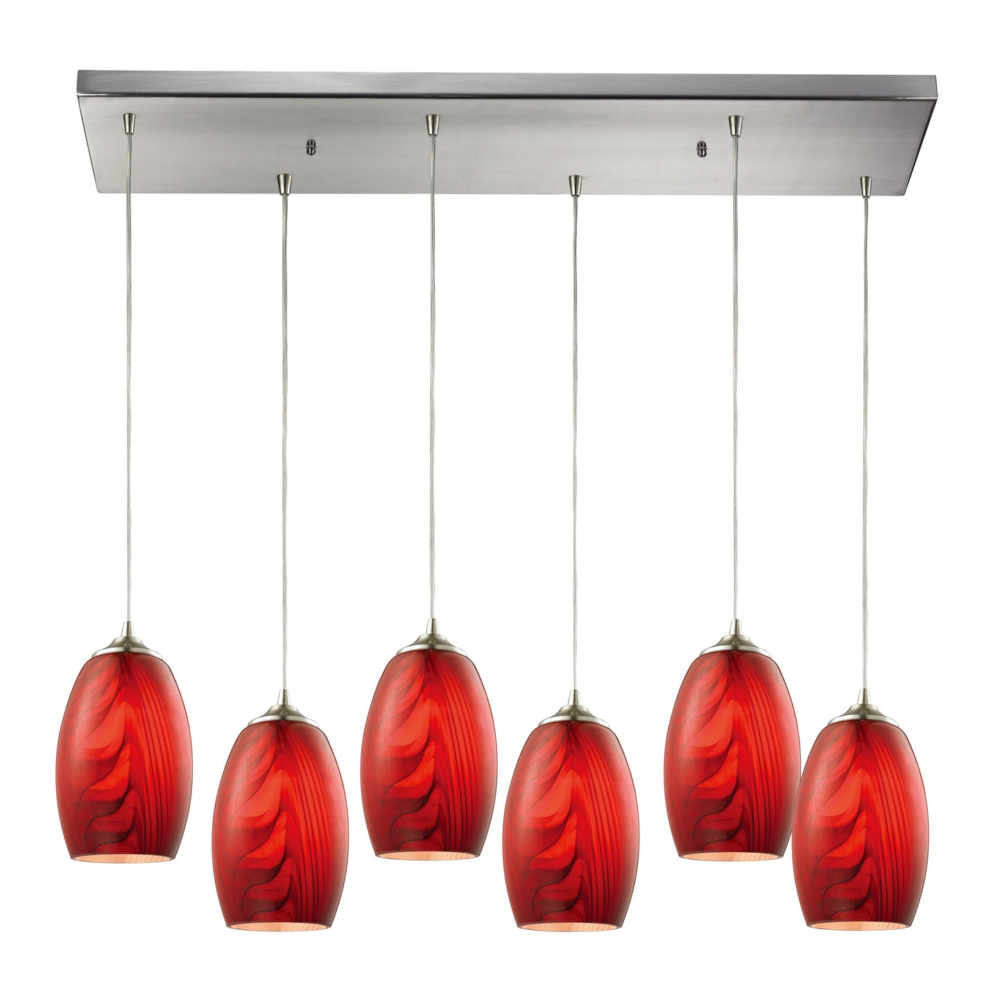 Tidewaters 30'' Wide 6-Light Rectangular Pendant - Satin Nickel with Ruby Glass