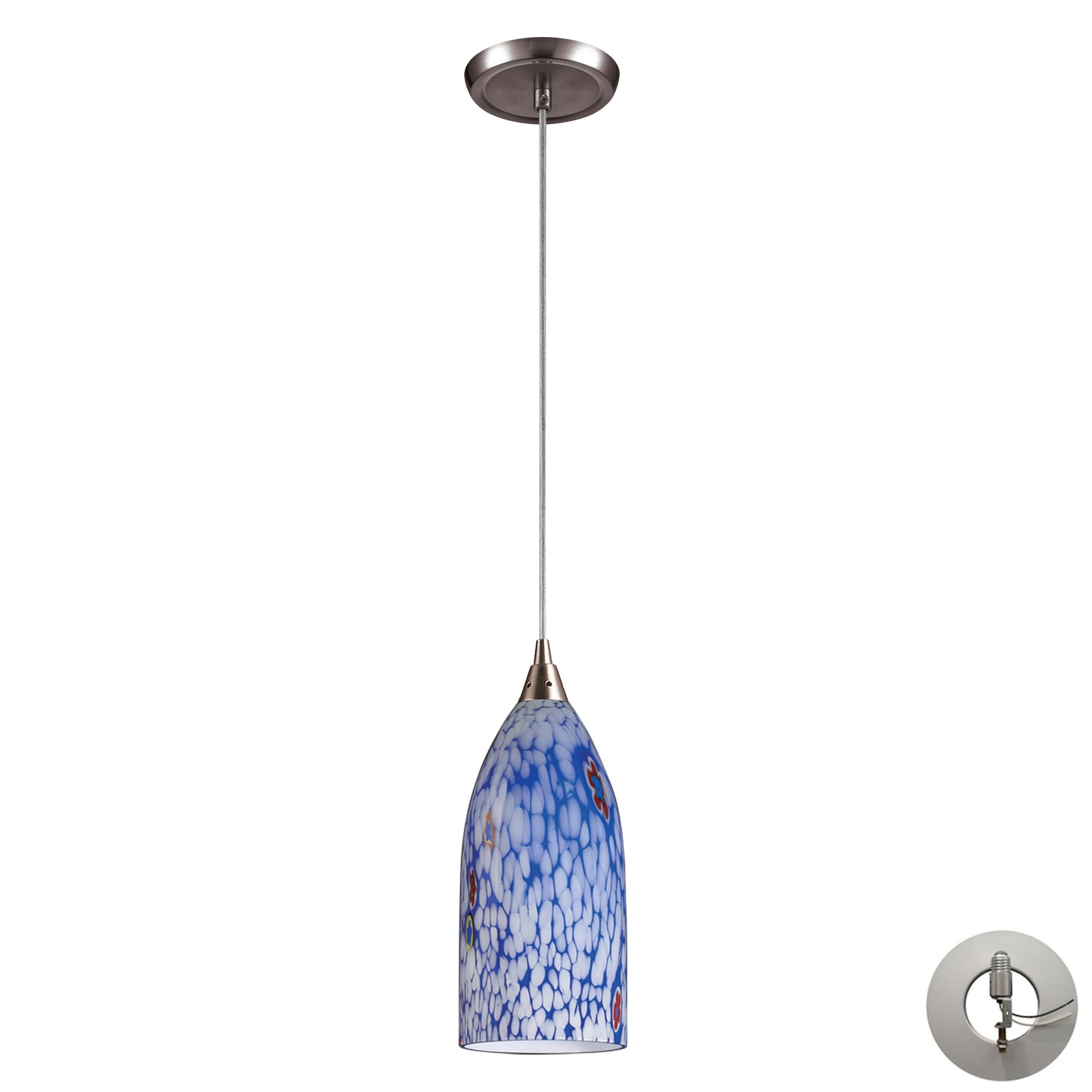 Verona 5'' Wide 1-Light Pendant - Satin Nickel with Starburst Blue Glass - Includes Adapter Kit