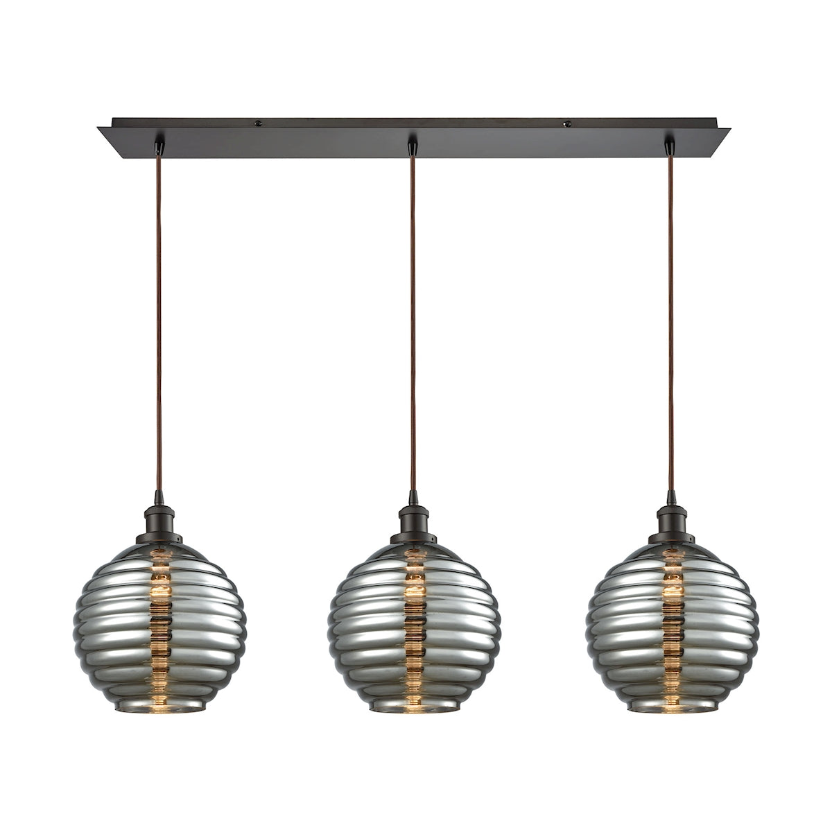 Ridley 36'' Wide 3-Light Linear Pendant - Oil Rubbed Bronze with Smoke-plated Beehive Glass