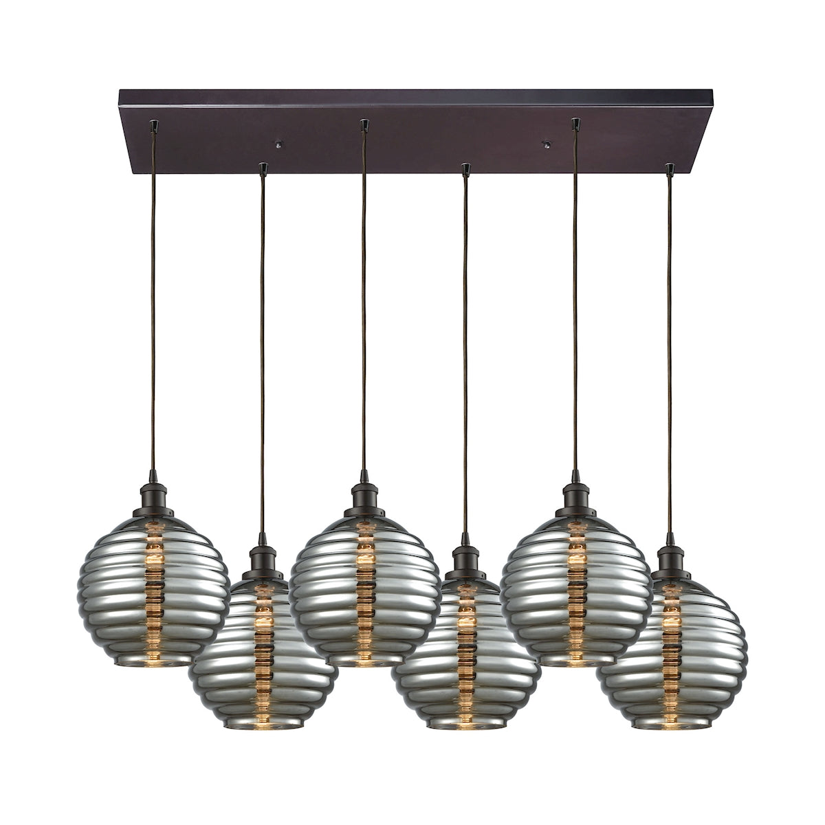 Ridley 30'' Wide 6-Light Rectangular Pendant - Oil Rubbed Bronze with Smoke-plated Beehive Glass