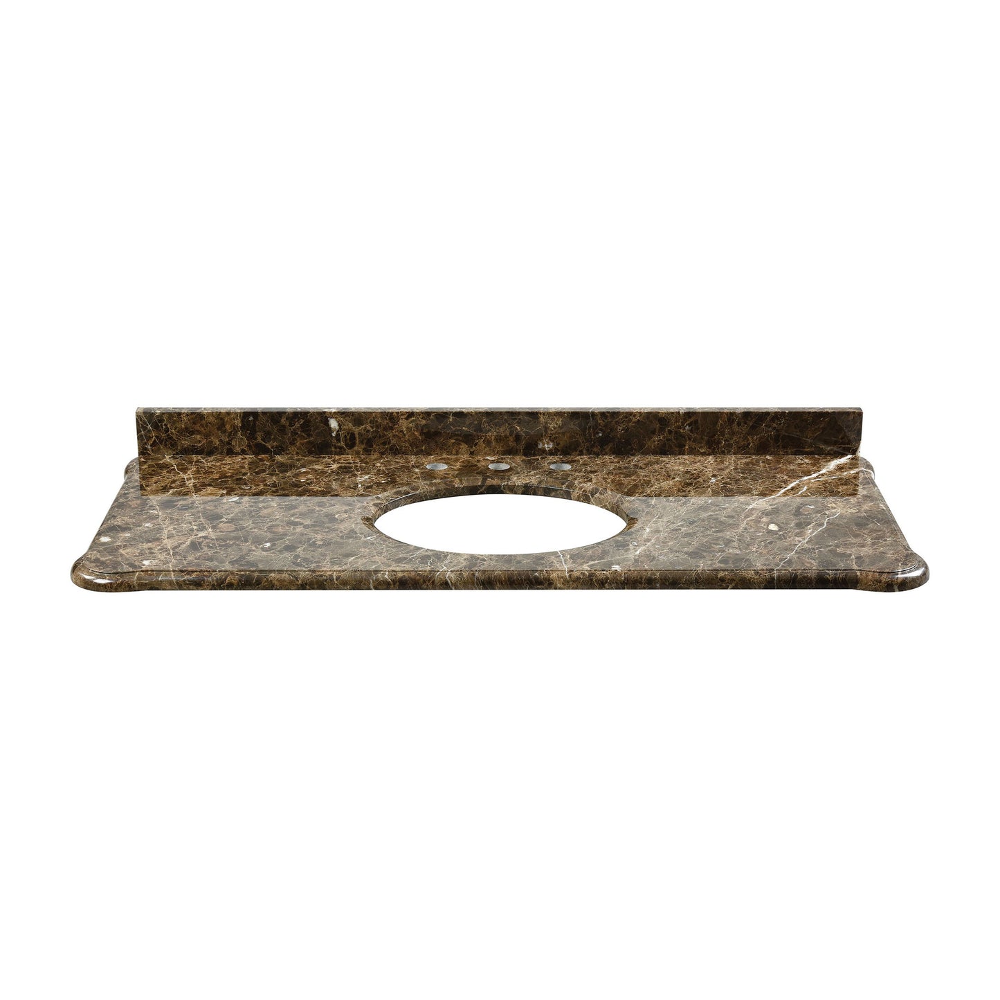 Custom-cut Malago undermount vanity top in Dark Emperador Marble. Includes backsplash.