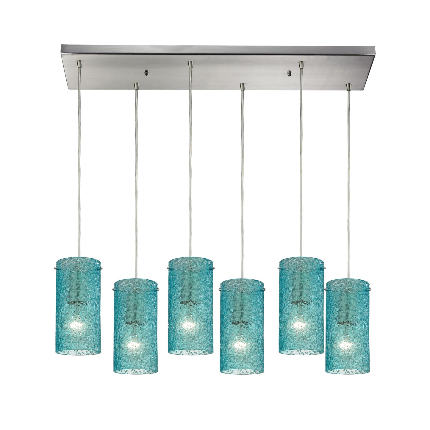 Ice Fragments 30'' Wide 6-Light Rectangular Pendant - Satin Nickel and Aqua Glass