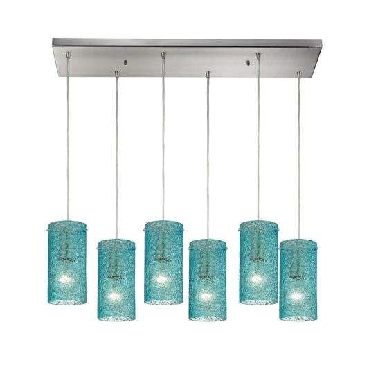Ice Fragments 30'' Wide 6-Light Rectangular Pendant - Satin Nickel and Aqua Glass