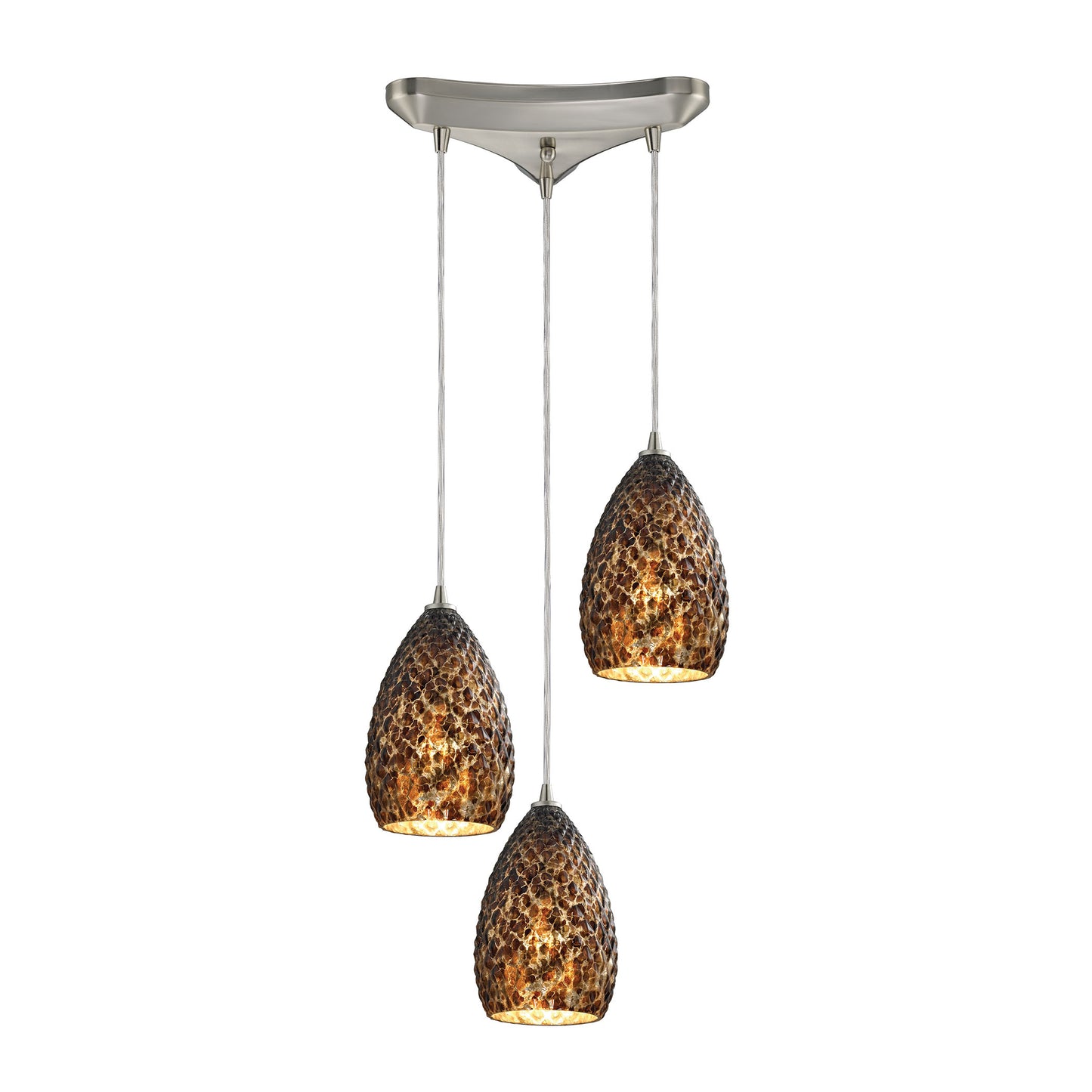 Geval 10'' Wide 3-Light Triangular Pendant - Satin Nickel with Burnt Caramel Glass