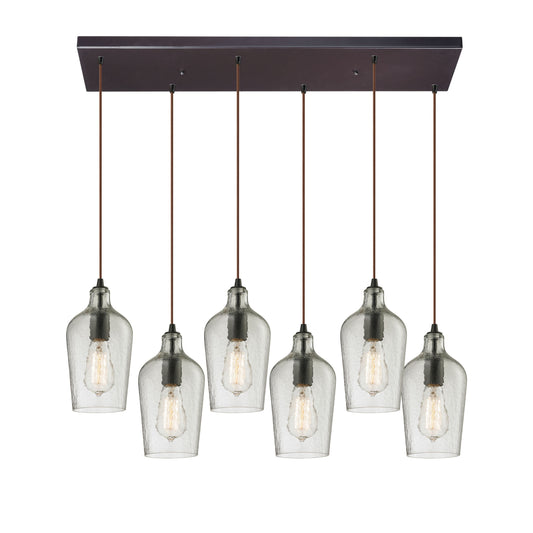 Hammered Glass 30'' Wide 6-Light Rectangular Pendant - Oil Rubbed Bronze with Clear