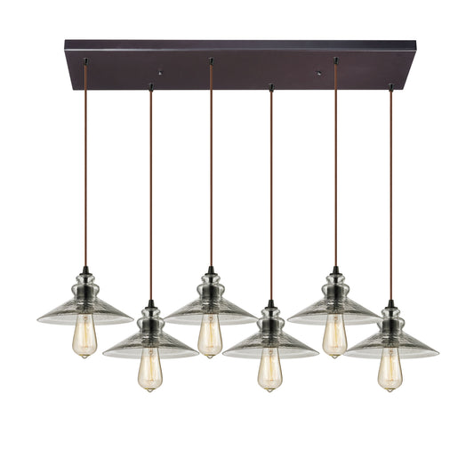 Hammered Glass 9'' Wide 6-Light Rectangular Pendant - Oil Rubbed Bronze