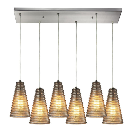 Ribbed Glass 9'' Wide 6-Light Rectangular Pendant - Satin Nickel