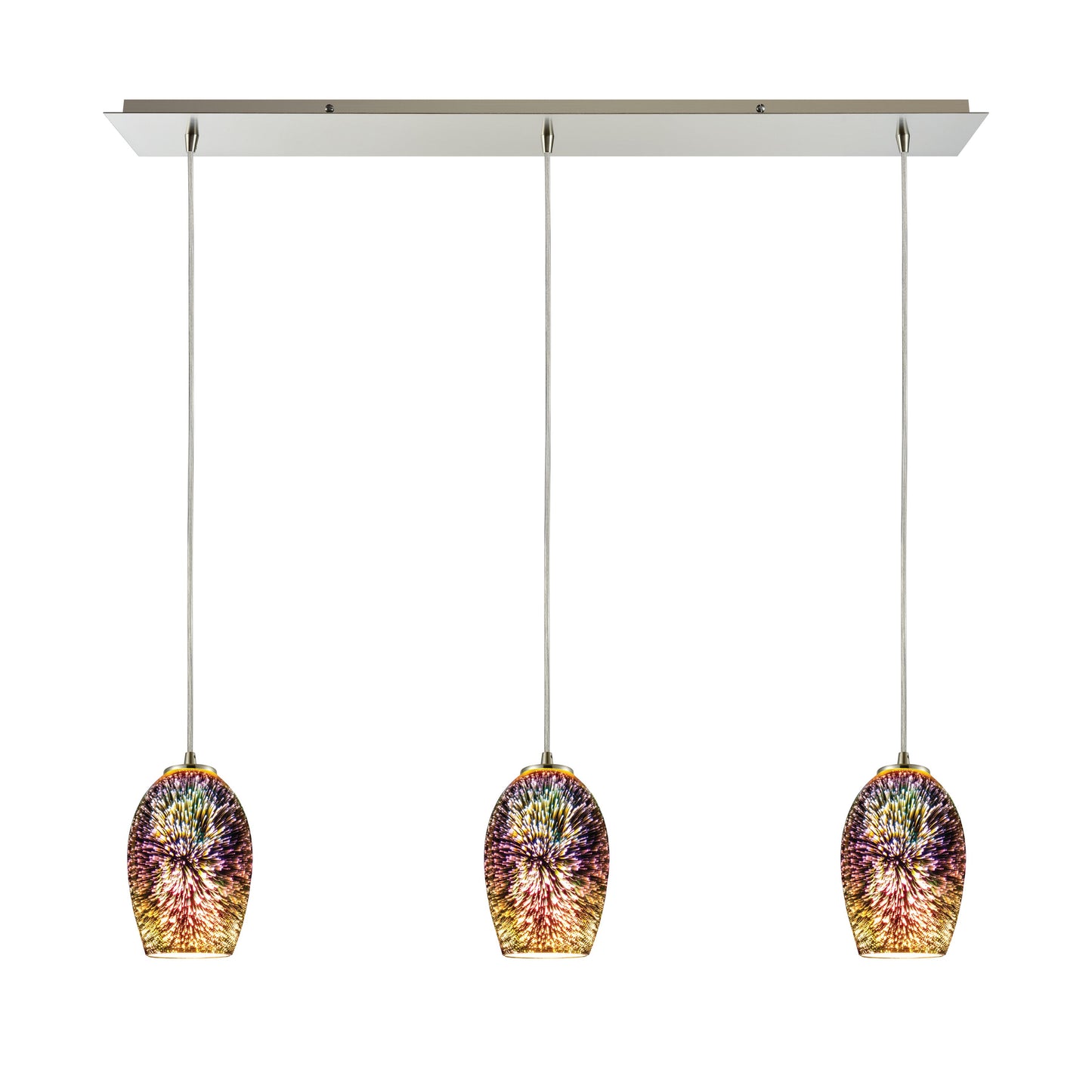 Illusions 36'' Wide 3-Light Linear Pendant - Satin Nickel with Multicolor Fireworks Glass
