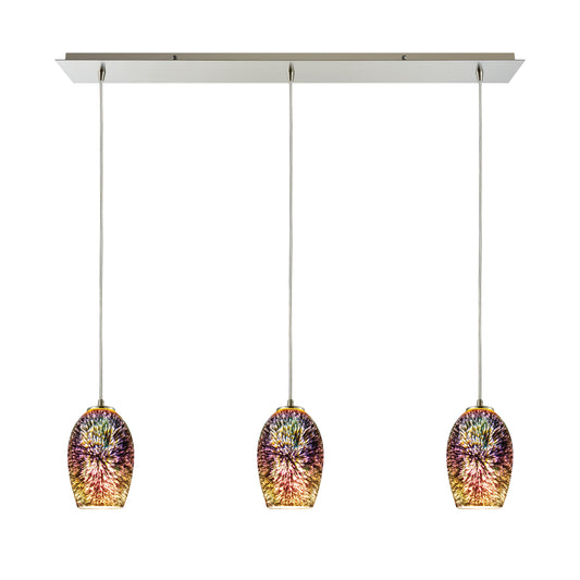 Illusions 36'' Wide 3-Light Linear Pendant - Satin Nickel with Multicolor Fireworks Glass