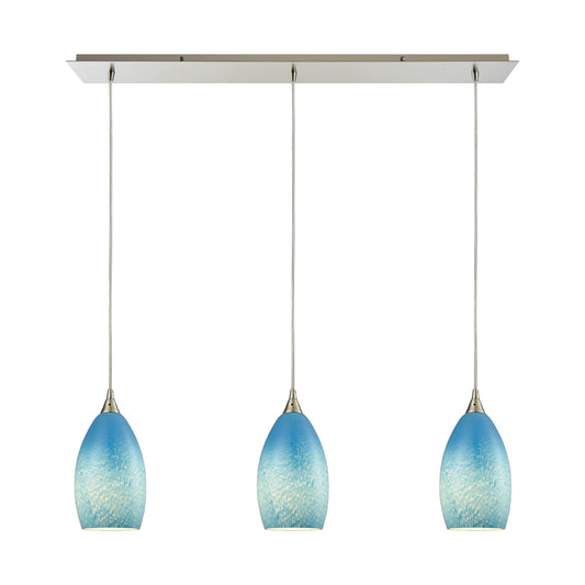 Earth 36'' Wide 3-Light Linear Pendant - Satin Nickel with Sky Blue Glass