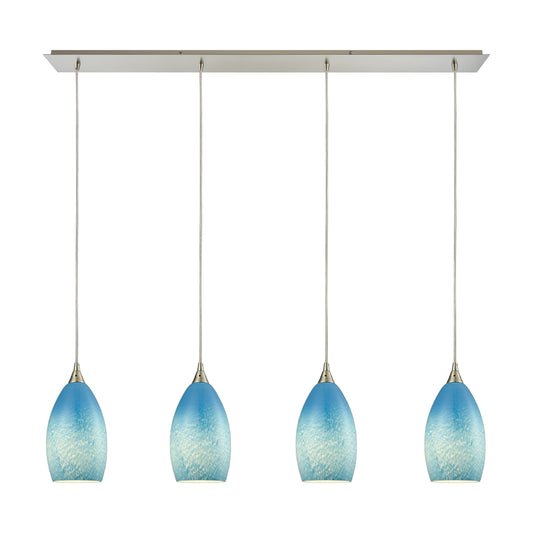 Earth 46'' Wide 4-Light Linear Pendant - Satin Nickel with Sky Blue Glass