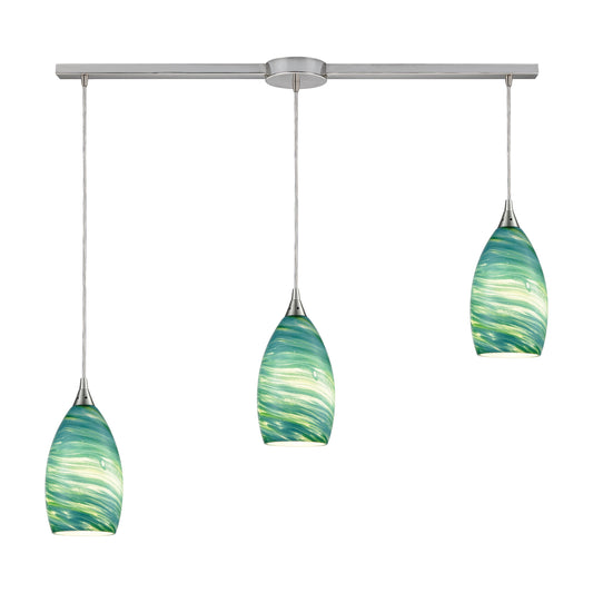Collanino 38'' Wide 3-Light Slim Linear Pendant - Satin Nickel with Aqua Swirl Glass