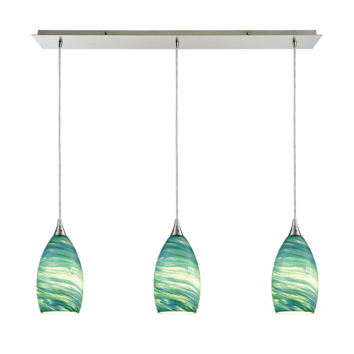 Collanino 36'' Wide 3-Light Linear Pendant - Satin Nickel with Aqua Swirl Glass