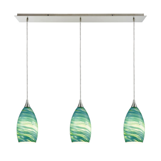 Collanino 36'' Wide 3-Light Linear Pendant - Satin Nickel with Aqua Swirl Glass