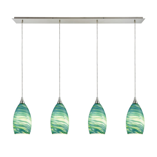 Collanino 46'' Wide 4-Light Linear Pendant - Satin Nickel with Aqua Swirl Glass