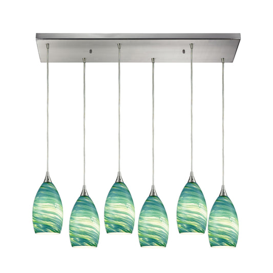 Collanino 32'' Wide 6-Light Rectangular Pendant - Satin Nickel with Aqua Swirl Glass