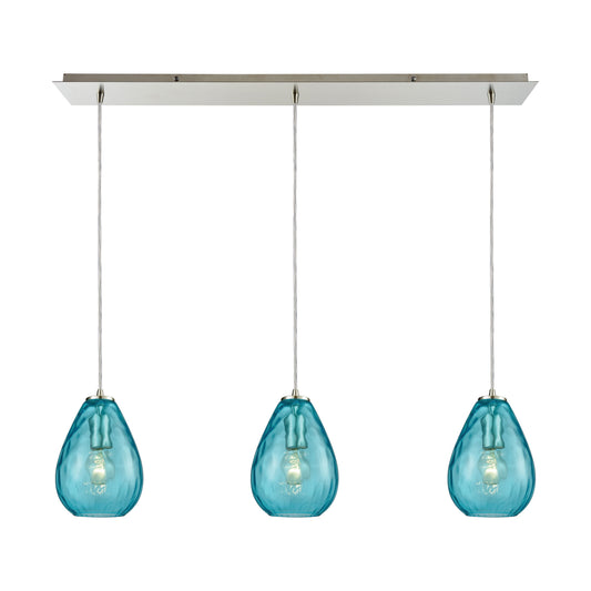 Lagoon 36'' Wide 3-Light Linear Pendant - Satin Nickel with Aqua