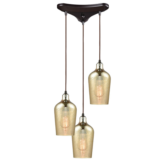 Hammered Glass 10'' Wide 3-Light Pendant - Oil Rubbed Bronze with Amber
