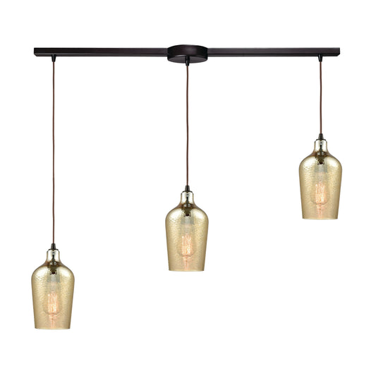 Hammered Glass 36'' Wide 3-Light Slim Linear Pendant - Oil Rubbed Bronze with Amber