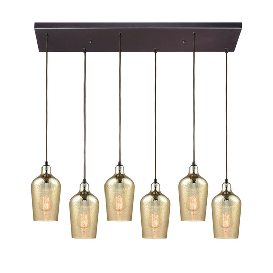 Hammered Glass 30'' Wide 6-Light Rectangular Pendant - Oil Rubbed Bronze with Amber