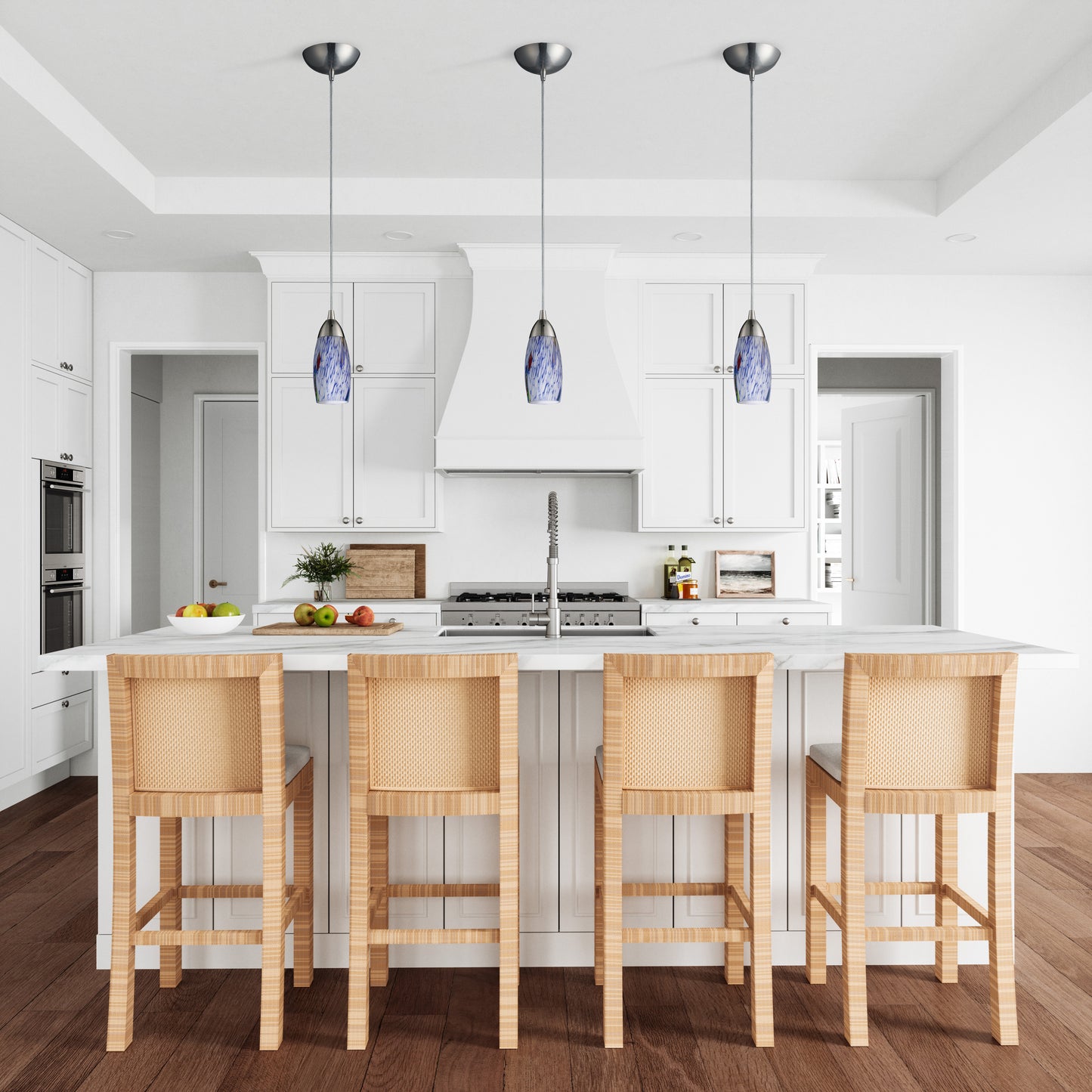 Milan 3'' Wide 1-Light Pendant - Satin Nickel with Starburst Blue Glass