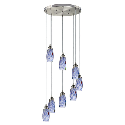 Milan 18'' Wide 8-Light Pendant - Satin Nickel with Starburst Blue Glass