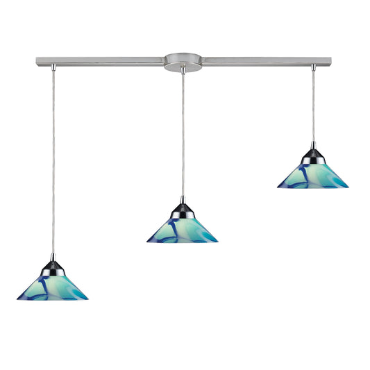 Refraction 36'' Wide 3-Light Slim Linear Pendant - Polished Chrome with Caribbean Glass