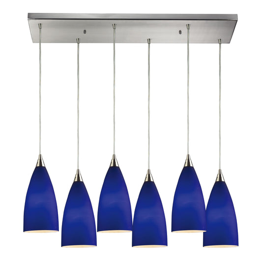 Vesta 30'' Wide 6-Light Rectangular Pendant - Satin Nickel with Blue Glass