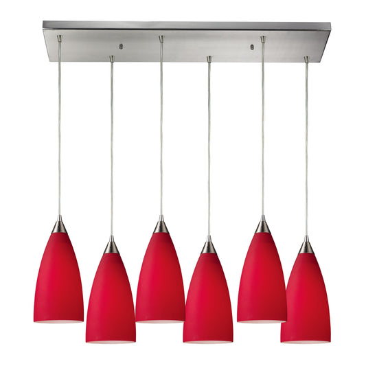 Vesta 30'' Wide 6-Light Rectangular Pendant - Satin Nickel with Cardinal Red Glass