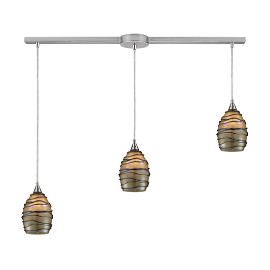 Vines 36'' Wide 3-Light Slim Linear Pendant - Satin Nickel with Tan Glass