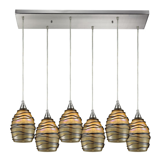 Vines 30'' Wide 6-Light Rectangular Pendant - Satin Nickel with Tan Glass