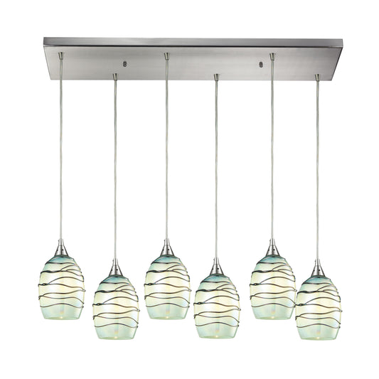 Vines 30'' Wide 6-Light Rectangular Pendant - Satin Nickel with Mint Glass