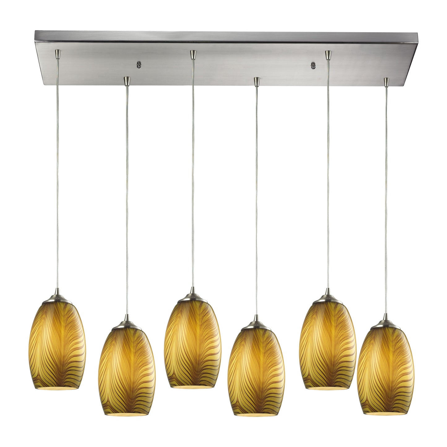 Tidewaters 30'' Wide 6-Light Rectangular Pendant - Satin Nickel with Amber Glass