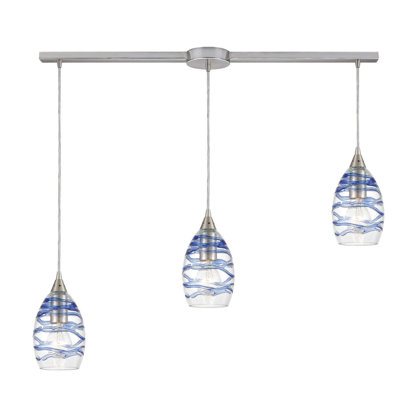 Vines 36'' Wide 3-Light Slim Linear Pendant - Satin Nickel with Blue Glass