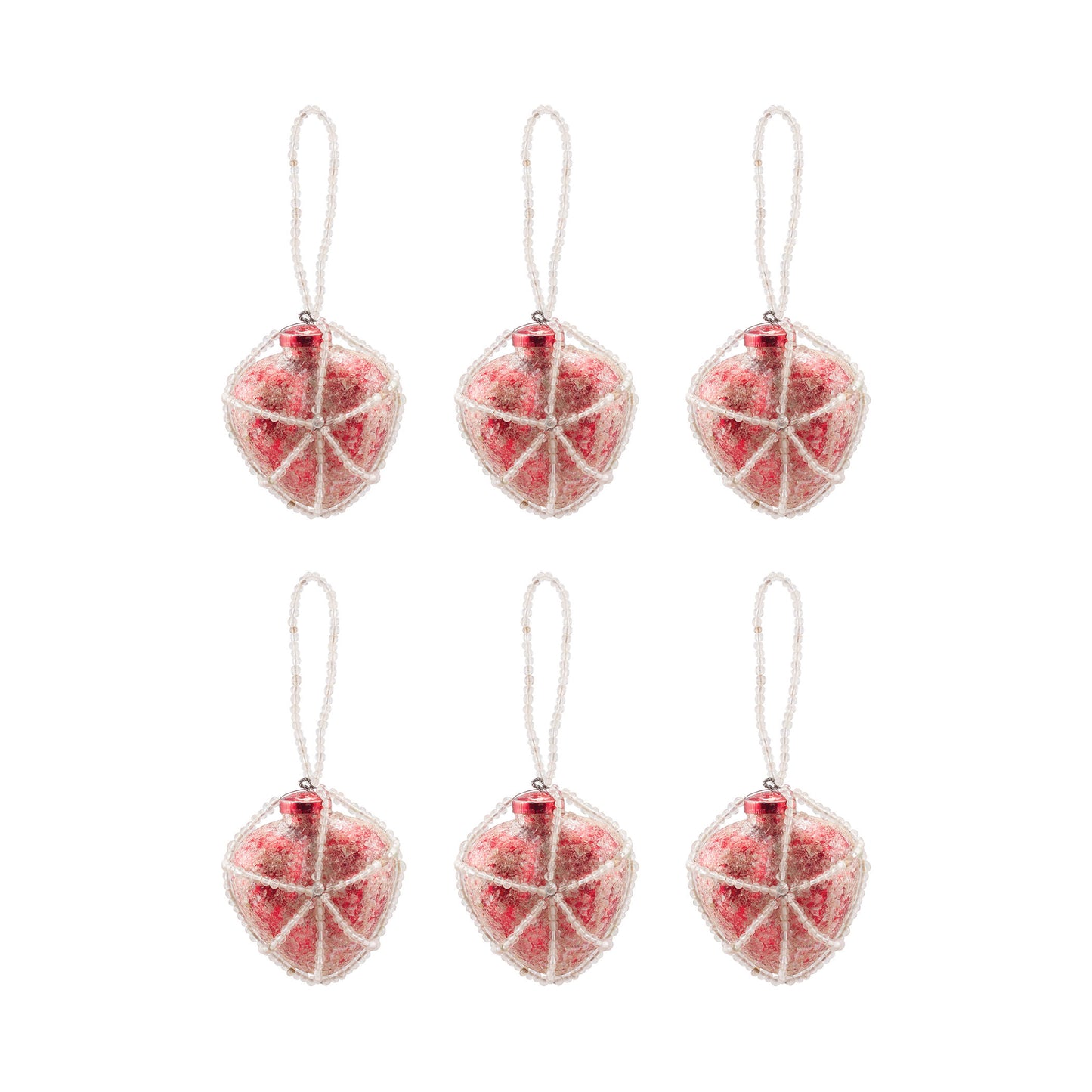 Beaded Ornament - Set of 6 Heart Red