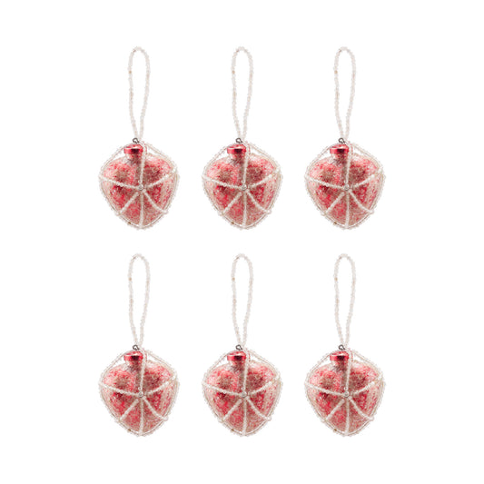 Beaded Ornament - Set of 6 Heart Red