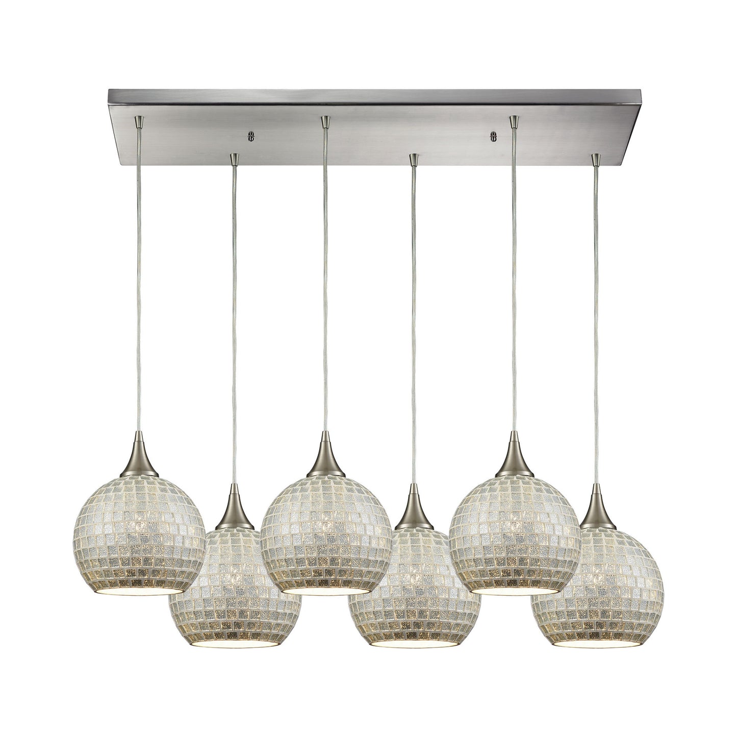 Fusion 32'' Wide 6-Light Rectangular Pendant - Satin Nickel with Silver Mosaic Glass