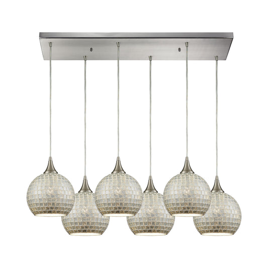 Fusion 32'' Wide 6-Light Rectangular Pendant - Satin Nickel with Silver Mosaic Glass