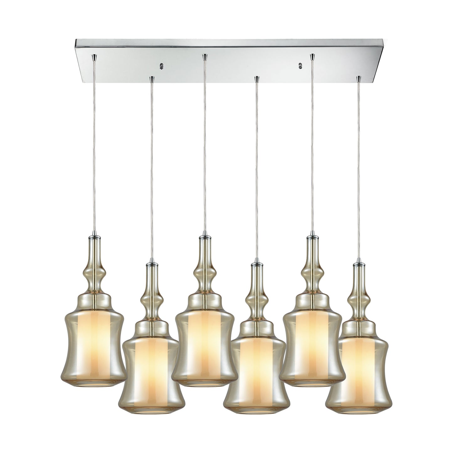 Alora 30'' Wide 6-Light Rectangular Pendant - Chrome with Champagne-plated and Opal White Glass