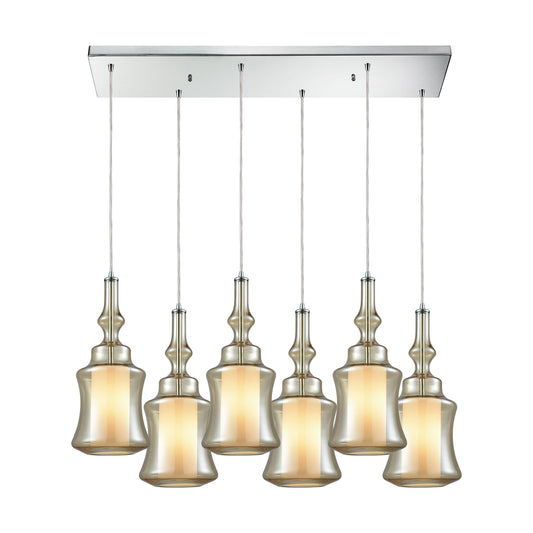 Alora 30'' Wide 6-Light Rectangular Pendant - Chrome with Champagne-plated and Opal White Glass