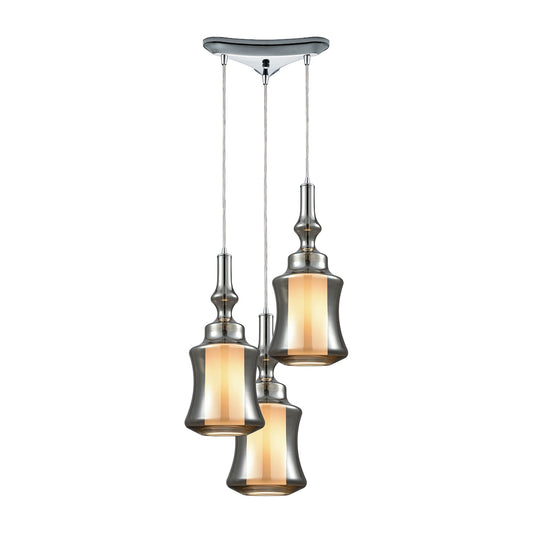 Alora 10'' Wide 3-Light Triangular Pendant - Chrome with Smoke-plated and Opal White Glass